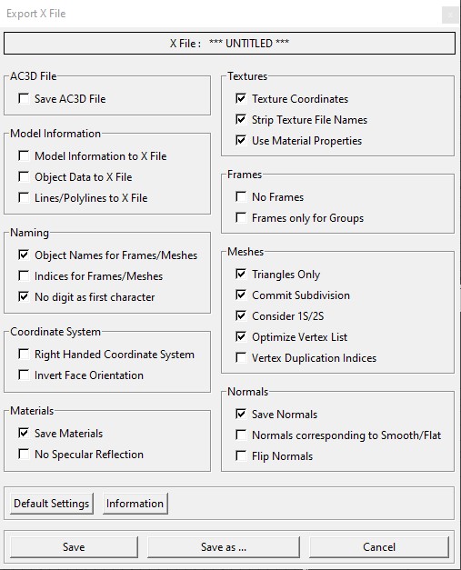 AC3D 9.0.22 direct X exporter